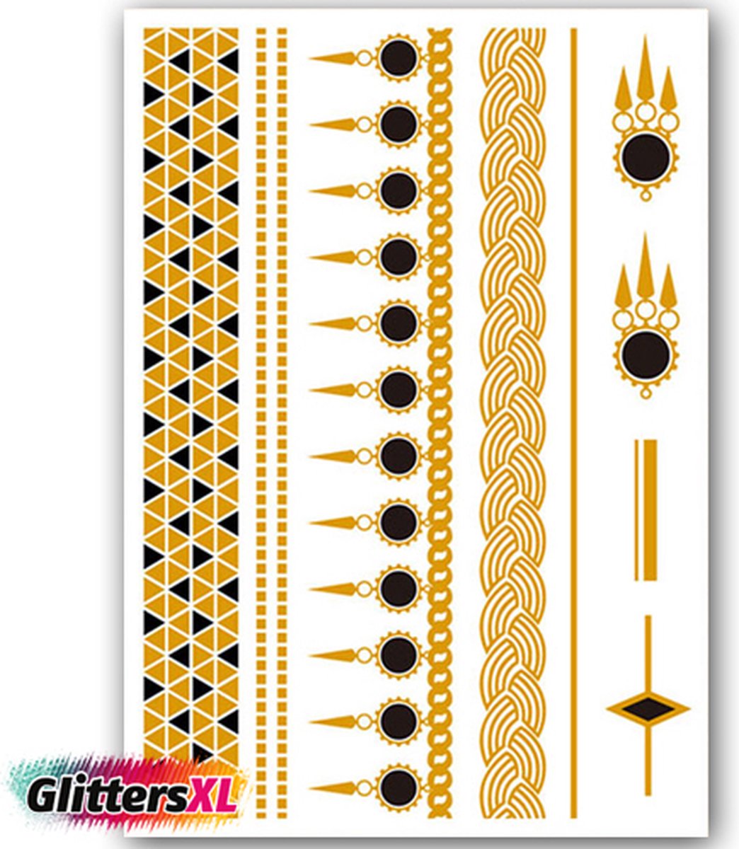 GlittersXL - Temporary Tattoo Goud/Gold (11x6cm) [Neptattoo Ibiza Turquoise - Tijdelijke tatoeage - Nep Fake Tattoos - Water overdraagbare festival sticker henna outfit tattoo - Glitter tattoo - Volwassenen Kinderen Jongen Meisje]